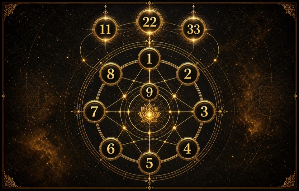 Numerology map connecting numbers 1 to 9 and master numbers 11, 22 and 33