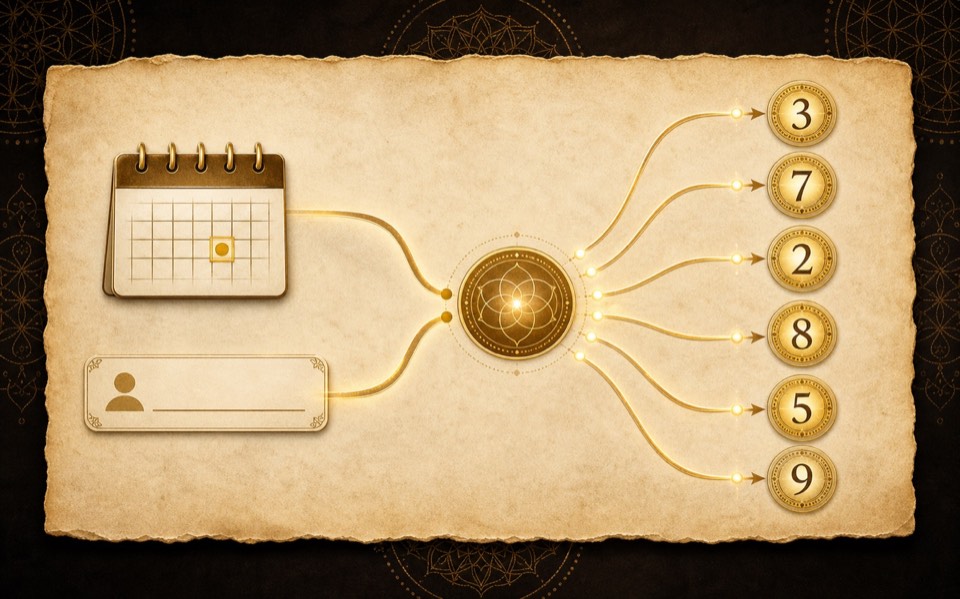 Visual flow from birth date and birth name to six numerology profile numbers