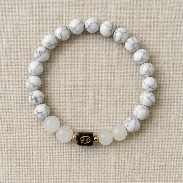 Indian cinema-inspired editorial styling with Cancer Howlite & Milky Quartz Zodiac Bracelet jewellery