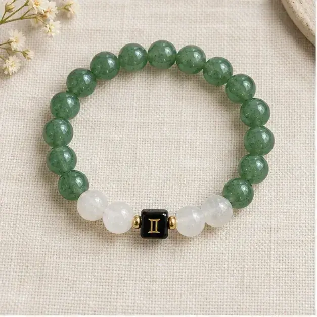 Indian cinema-inspired editorial styling with Gemini Green Aventurine & Milky Quartz Zodiac Bracelet jewellery