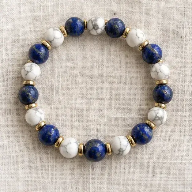 Indian cinema-inspired editorial styling with Libra Lapis & Howlite Zodiac Bracelet jewellery