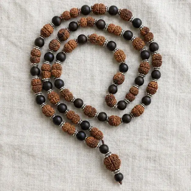 Indian cinema-inspired editorial styling with Rudraksha & Karungali Protection Mala jewellery