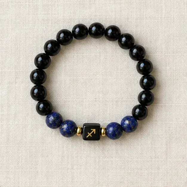 Indian cinema-inspired editorial styling with Sagittarius Black Obsidian & Lapis Lazuli Zodiac Bracelet jewellery
