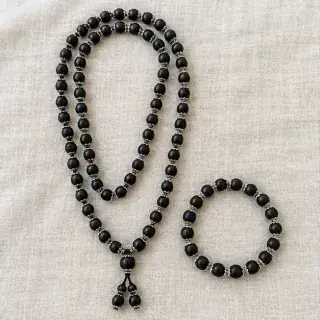 Silver-Tone Karungali Mala & Bracelet Set Karungali Jewellery Set natural Vedic gemstone