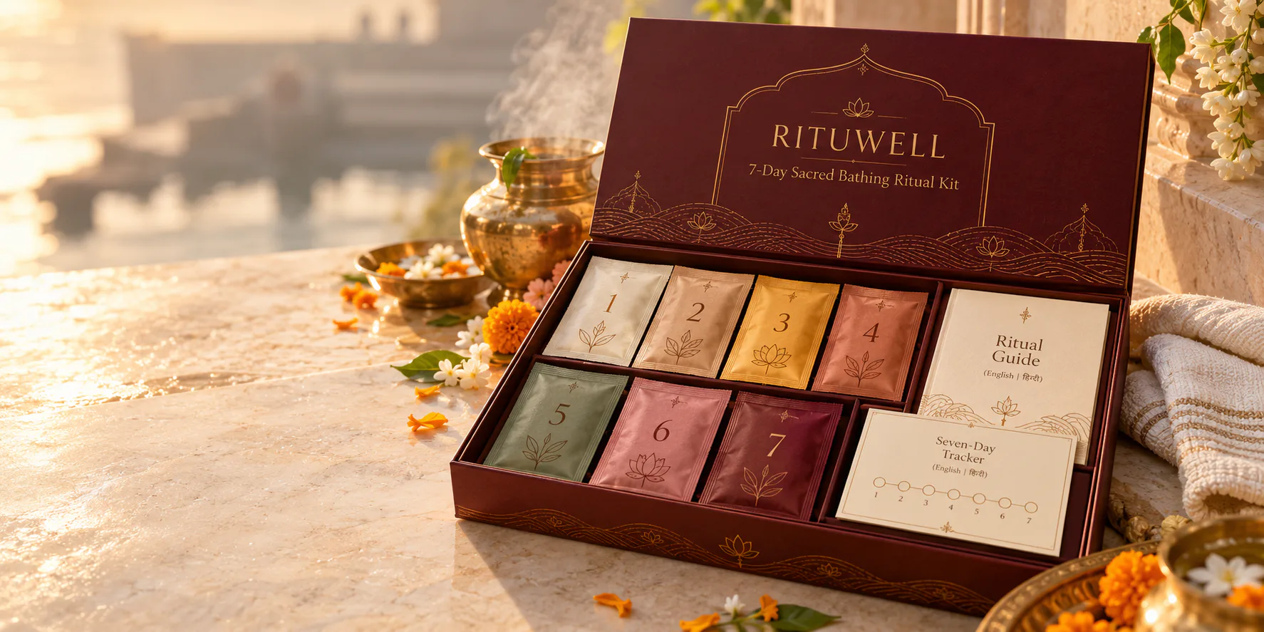 Concept visual of the Rituwell seven-day sacred bathing ritual kit with seven sachets, guide and tracker