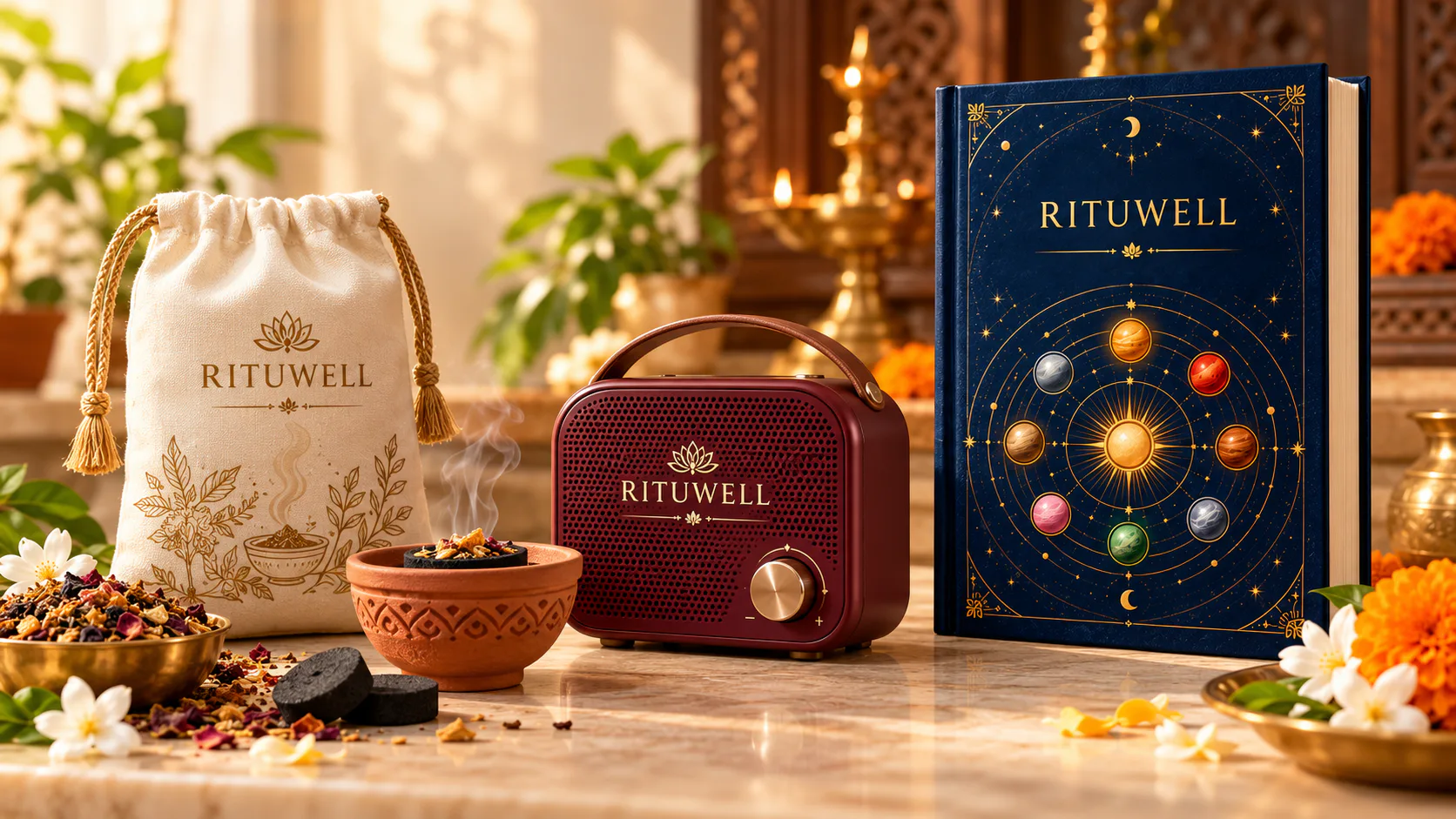 Rituwell ritual collection concept with dhuni blend, terracotta cup, mantra speaker and Navagraha guide